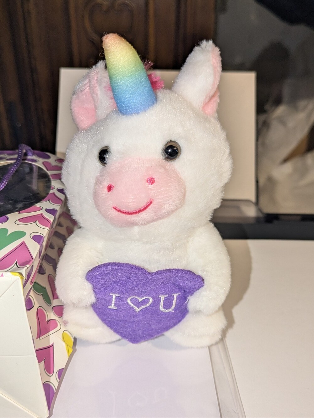 White Plush Unicorn Holding Purple Heart - Brand Unspecified